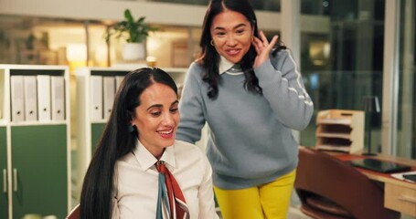 Business, laptop and women with fist bump in office for article feedback, deadline success or night. Overtime, journalist and celebration for publication submission, project completion or achievement