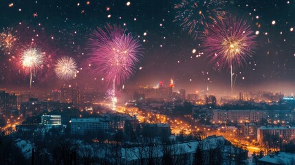 Fototapeta premium New Year's Eve Fireworks over Cityscape