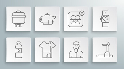 Set line Bottle of water, Teapot with cup, Sport track suit, Positive thinking, Treadmill machine, Mobile heart rate, Smart watch and Cooking icon. Vector