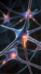 Abstract rendering of neuron network with orange glowing synapses and blue hue