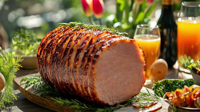 Festive Easter lunch: Ham, colorful eggs, juice and salad on a wooden table outdoors.