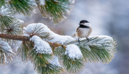 Blackcapped Chickadee Clinging to a Snowcovered Pine Branch A Winter Wonderland Moment Captured in High Resolution, Perfect for Digital Art and Nature Inspired Designs