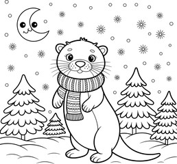 Cute otter wearing scarf winter wonderland coloring page