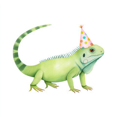 Fototapeta premium Cute happy green iguana in party hat watercolor illustration for celebrations and decor