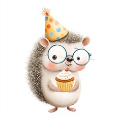 Adorable watercolor hedgehog with cupcake and party hat for birthday celebration design