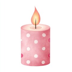 Festive pink polka dot candle with warm flame for celebrations and decorations