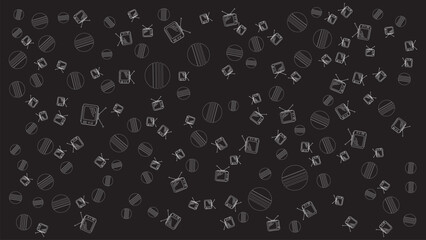 Seamless Retro TV and Line Circle Pattern in Monochrome on Black Background