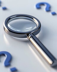 Magnifying Glass Focused on Blue Question Marks on Glossy Table Surface