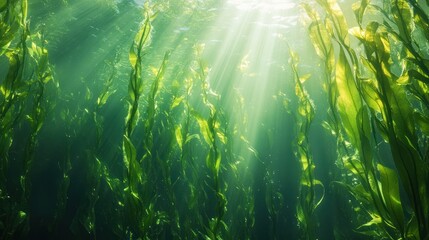 Obraz premium Submerged Kelp Forest: Underwater Sunlight Rays Illuminate Lush Green Seaweed