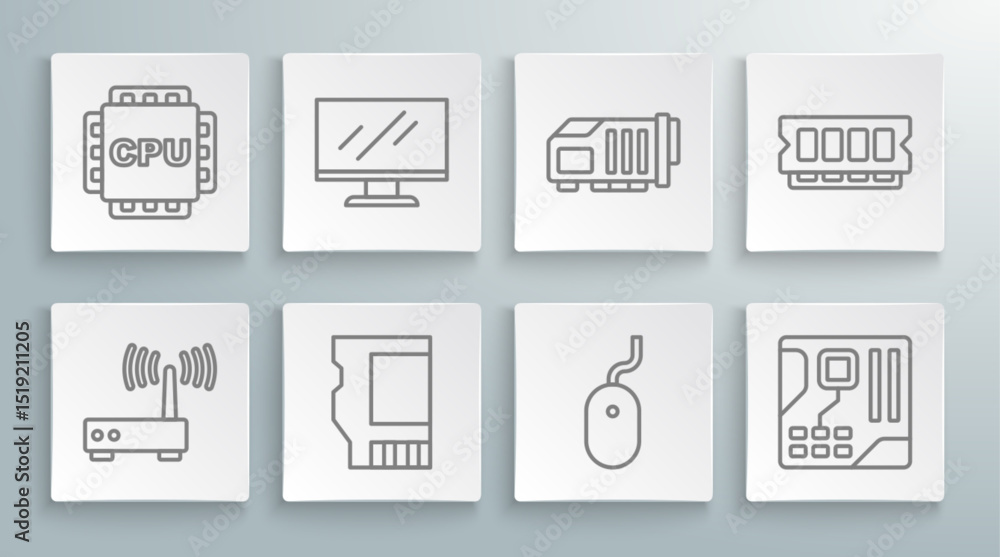 Poster set line router and wi-fi signal, computer monitor screen, sd card, mouse, motherboard digital chip,
