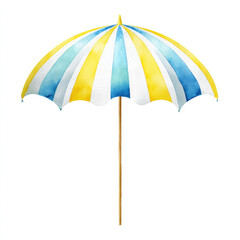 Obraz premium Vibrant watercolor beach umbrella with yellow and blue stripes for summer design and decoration projects