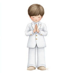 Watercolor illustration of a little boy in prayer pose wearing white suit for religious celebration or ceremonial event