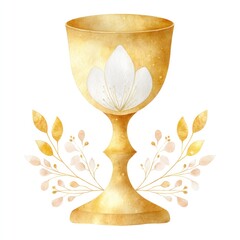 Elegant golden chalice watercolor illustration with subtle floral accents for decorative design