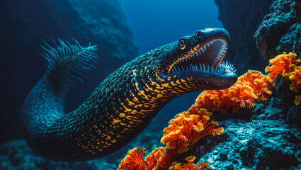 Colorful Moray Eel Among Coral in Vibrant Underwater Scene