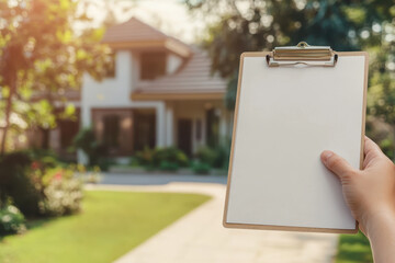 Close-up of a blank clipboard held by a human hand with a modern suburban house in background during daytime, concept of documentation, decision making and residential real estate.