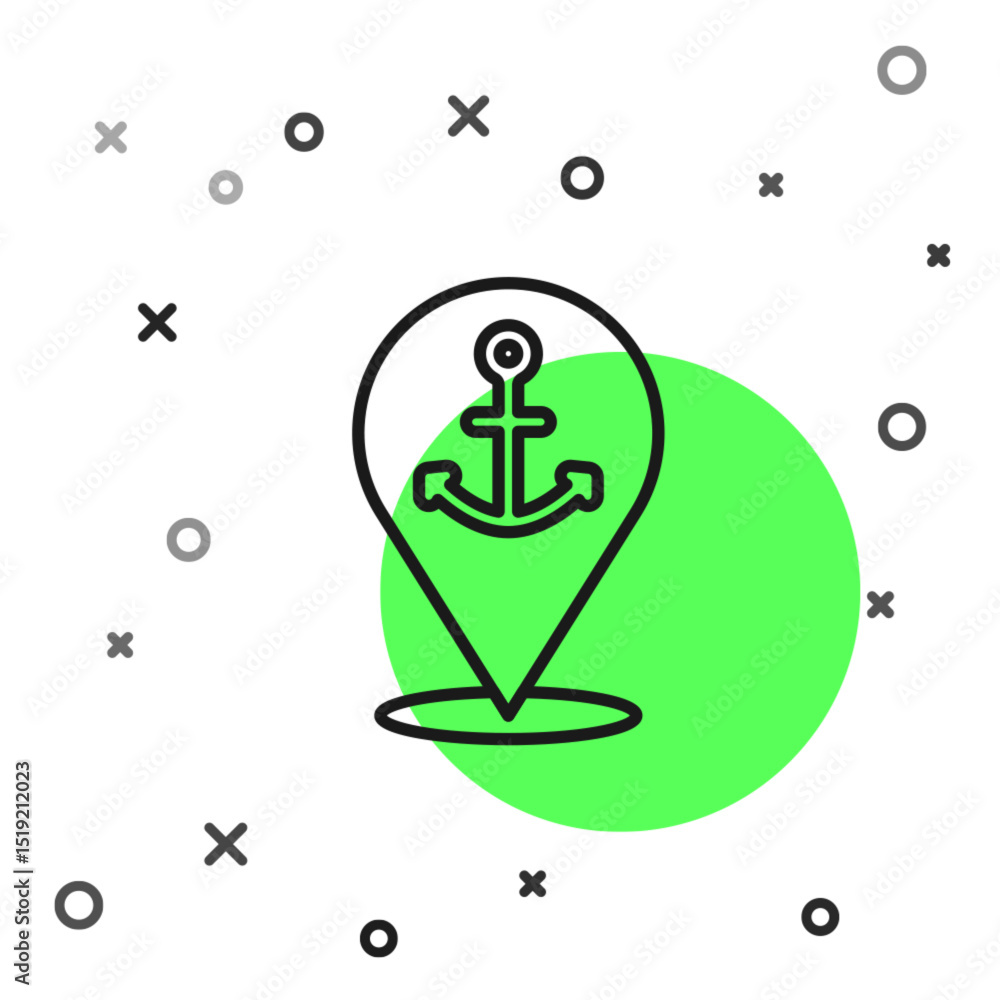 Poster black line map pointer with anchor icon isolated on white background. vector