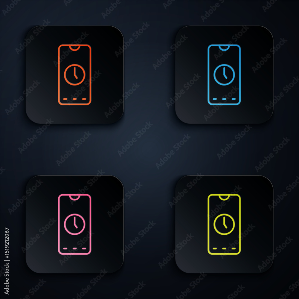 Poster color neon line alarm clock app smartphone interface icon isolated on black background. set icons in