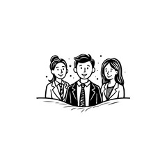 Hand-Drawn Illustration of Three Smiling Business Professionals in a Team Setting
