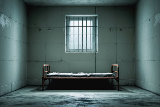 Empty Prison Cell with Metal Bed and Barred Window