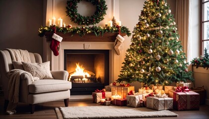 Obraz premium Warm Christmas living room interior with a decorated fireplace and burning wood