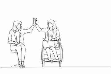 Single continuous line drawing cute businesswoman with disability who use wheelchair giving high five to financial manager in finance and investment advisor office. One line draw graphic design vector