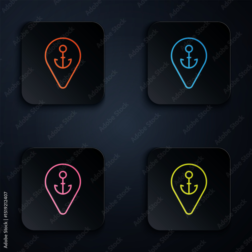 Poster color neon line map pointer with anchor icon isolated on black background. set icons in square butto