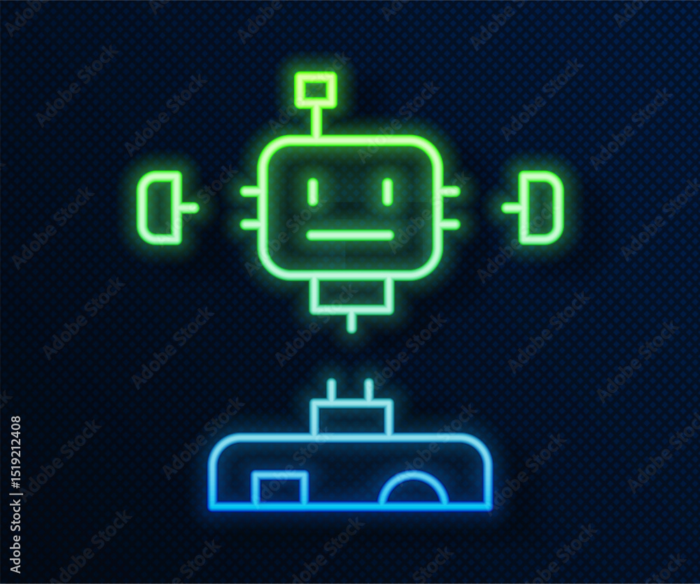 Poster glowing neon line disassembled robot icon isolated on blue background. artificial intelligence, mach