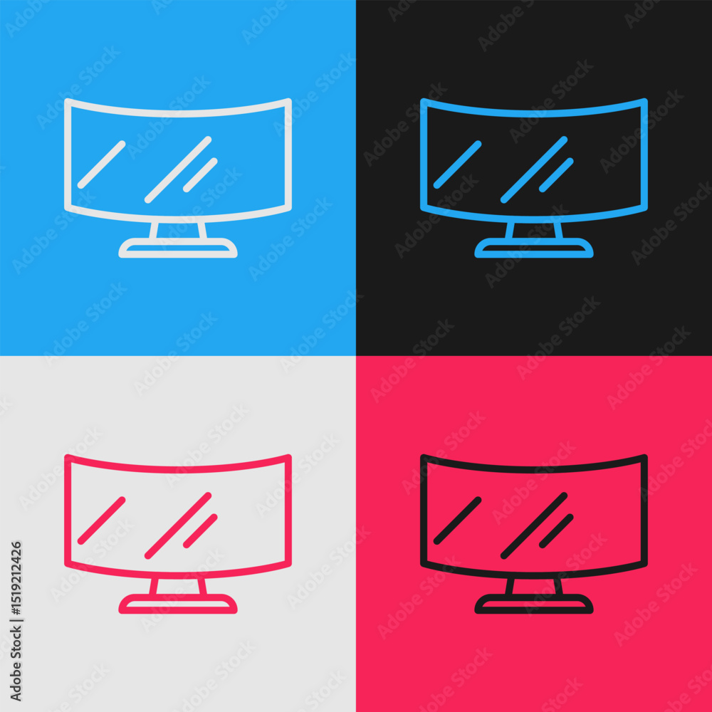 Poster pop art line computer monitor screen icon isolated on color background. electronic device. front vie