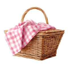 Rustic picnic basket with pink gingham cloth for outdoor gatherings and relaxation