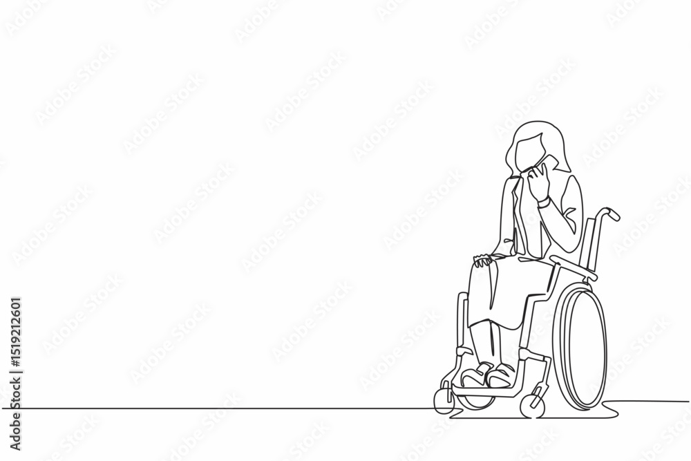 Poster single one line drawing disabled girl in wheelchair having phone conversation while working from hom