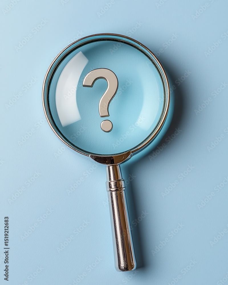 Poster magnifying glass with question mark on blue background symbolizing curiosity and inquiry in research