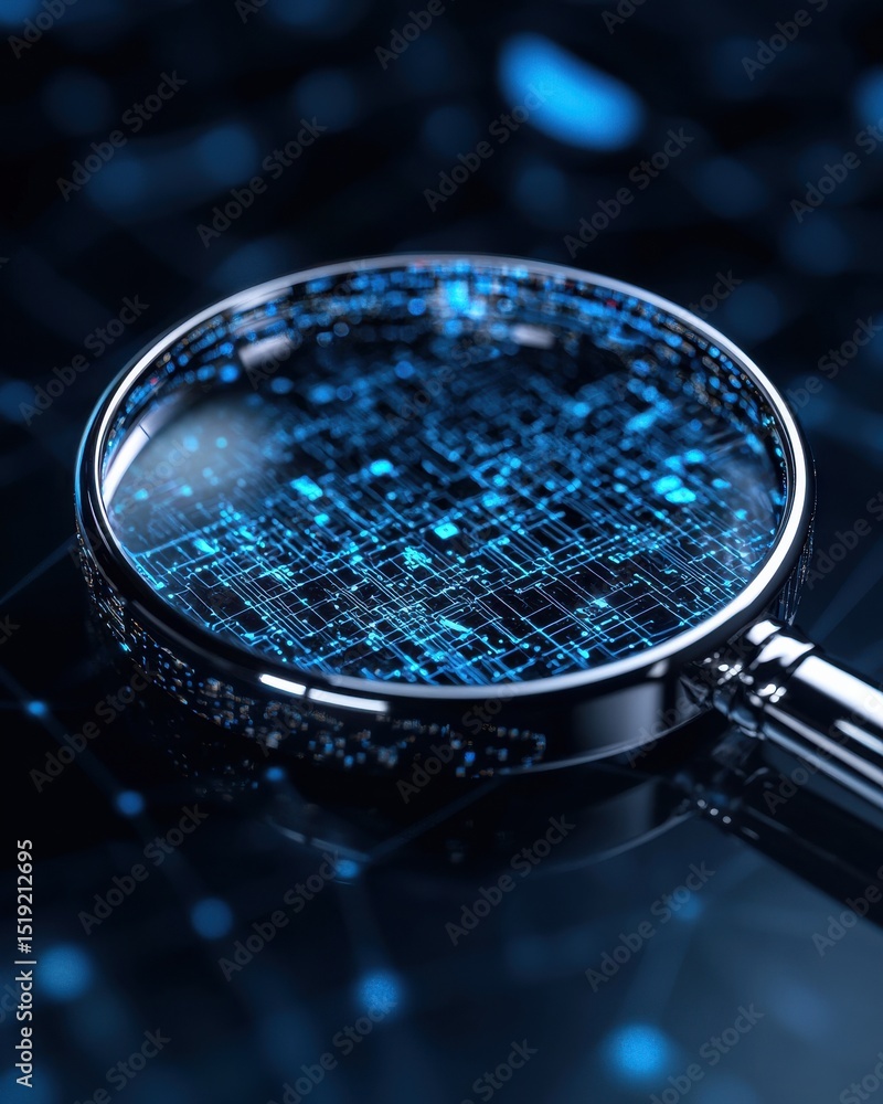 Poster magnifying glass over digital data visualization with blue geometric patterns and glowing effects