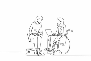 Continuous one line drawing employee with disabilities and inclusion work together in office. Disabled female on wheelchair with coworker sit communicate using laptop. Single line draw design vector