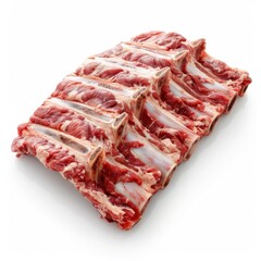 Obraz premium Close-up of a stack of raw short ribs, showcasing their marbling and meaty texture, preparing them for a delicious barbecue or grilling experience