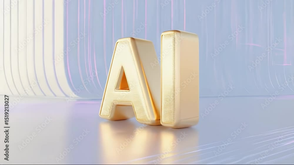 Poster 金色の AI 文字の 3D レンダリング、抽象的な背景に未来的なテクノロジーを表現、イノベーションとインテリジェンスを示す先進的なデザイン