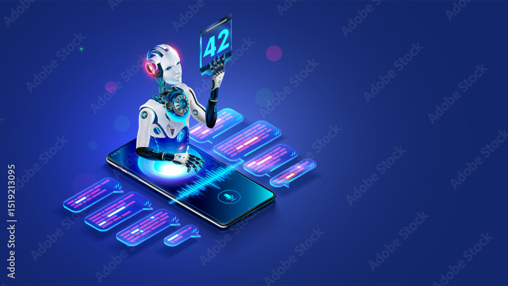 Poster AI chat bot in image robot hanging over screen phone answer questions. Mobile online AI chat bot talk through messenger with user. internet Chatbot with artificial intelligence chatting on phone.