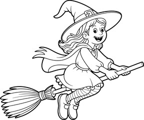 Happy little witch flying on a broomstick halloween