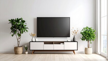 Modern living room interior with flat screen TV, sofa, and contemporary furniture design