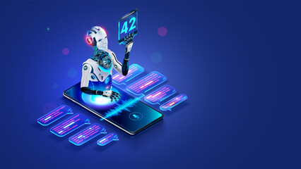 AI chat bot in image robot hanging over screen phone answer questions. Mobile online AI chat bot talk through messenger with user. internet Chatbot with artificial intelligence chatting on phone.