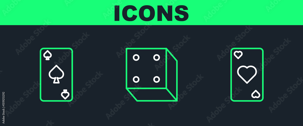 Poster set line playing card with heart symbol, spades and game dice icon. vector