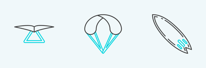 Set line Surfboard, Hang glider and Parachute icon. Vector