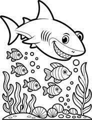 Happy shark swimming with colorful fish in ocean