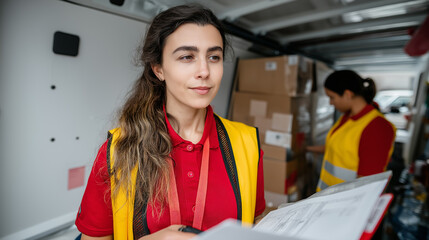 A delivery driver in a yellow safety vest reviews paperwork in a van filled with packages. Another driver can be seen organizing items in the background. The activity takes place during daylight