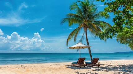 Fototapeta premium A tranquil beach scene featuring lounge chairs beneath a palm tree and sun umbrella, perfect for a relaxing vacation against the backdrop of a beautiful sky and peaceful ocean