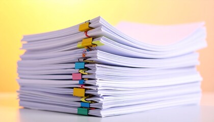 A vibrant pile of notebooks, colorful papers, and a pen represents a heap of business and education documents