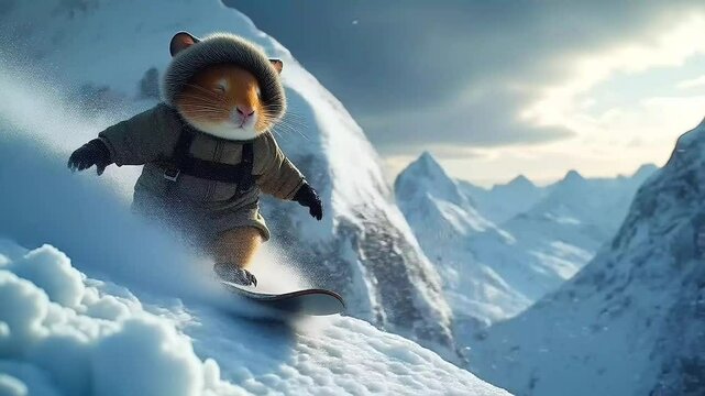 Adventurous Hamster Snowboarding Down a Stunning Snowy Mountain seamless motion video