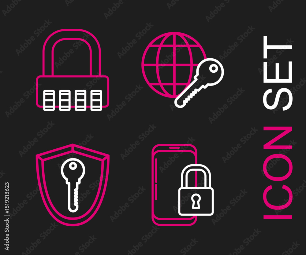 Poster set line smartphone with closed padlock, shield key, globe and safe combination icon. vector