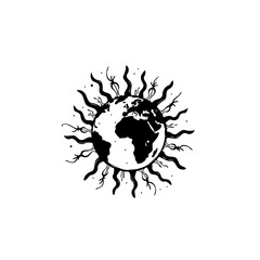 World in the Sun: Graphic depiction of Earth surrounded by sun rays in black and white