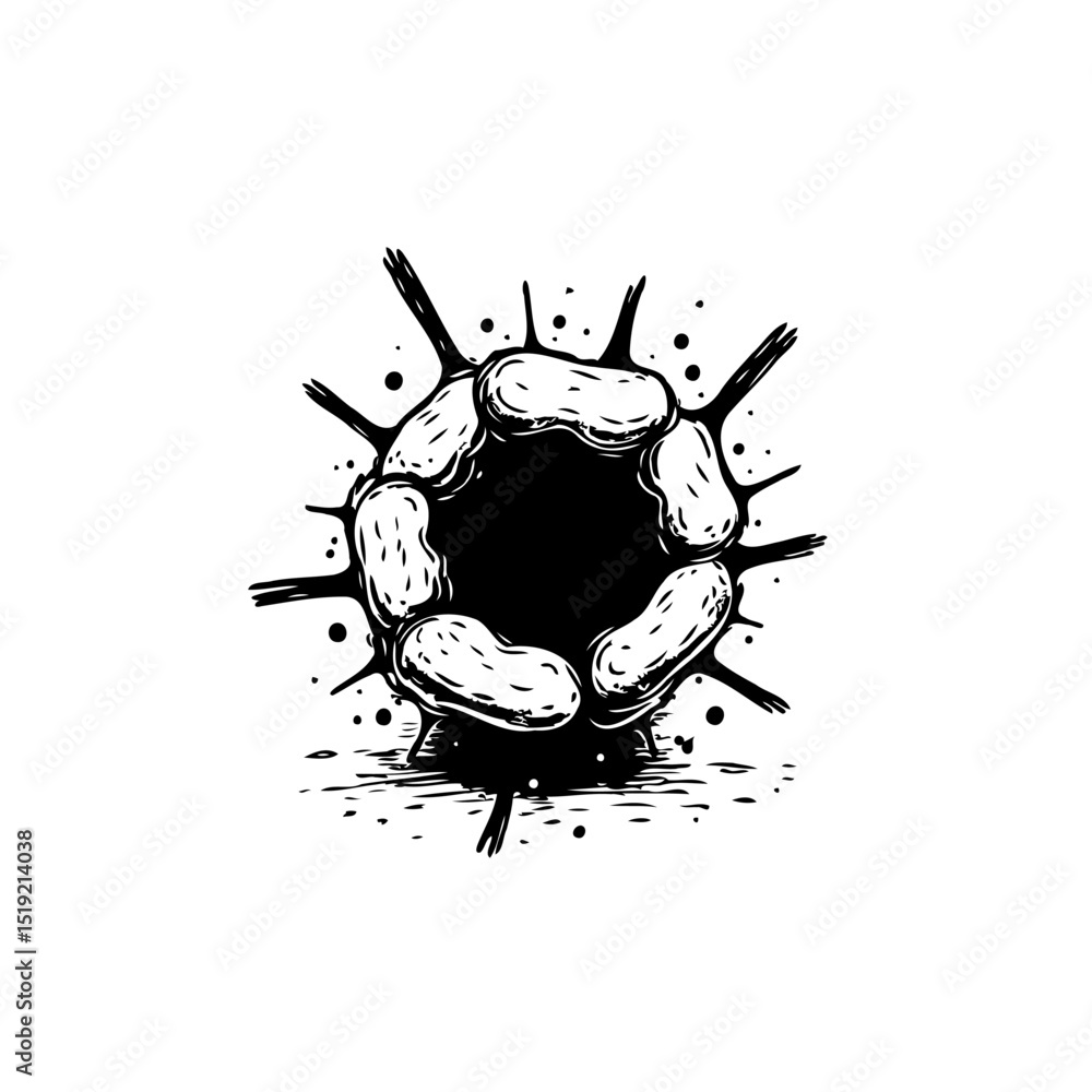 Poster abstract circular design with spikes and pod-like shapes in black and white