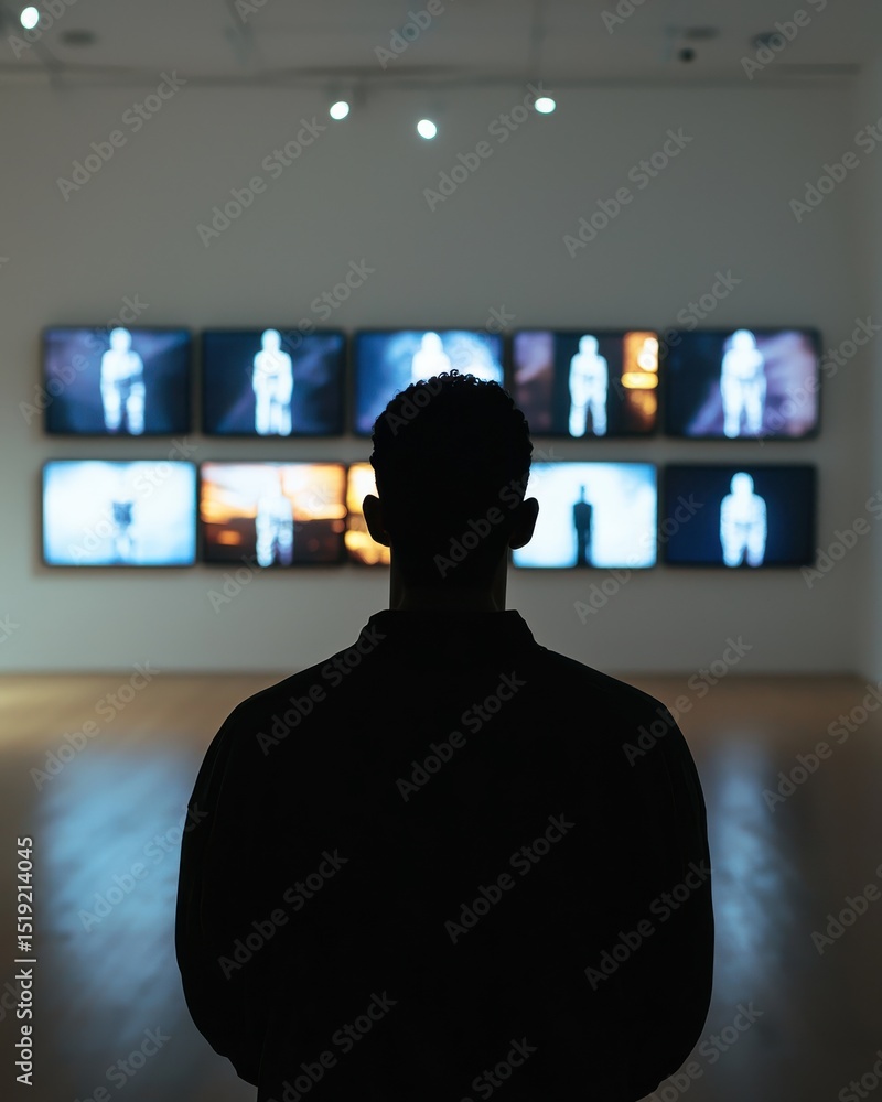 Poster individual observing modern art installation featuring multiple screens displaying abstract human fo